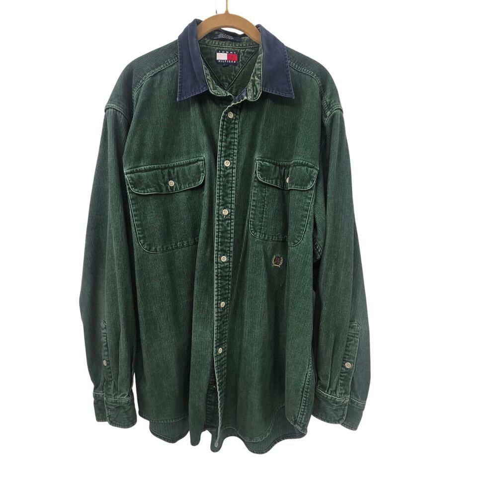Vintage Y2K 90's Tommy Hilfiger Green Corduroy Button Down Size Large
